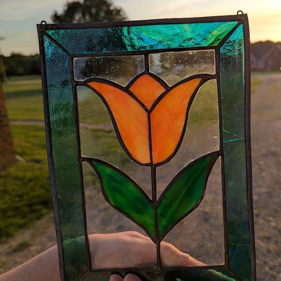 Stained Glass Tulip Panel - Orange and Green - Picture 4 of 5